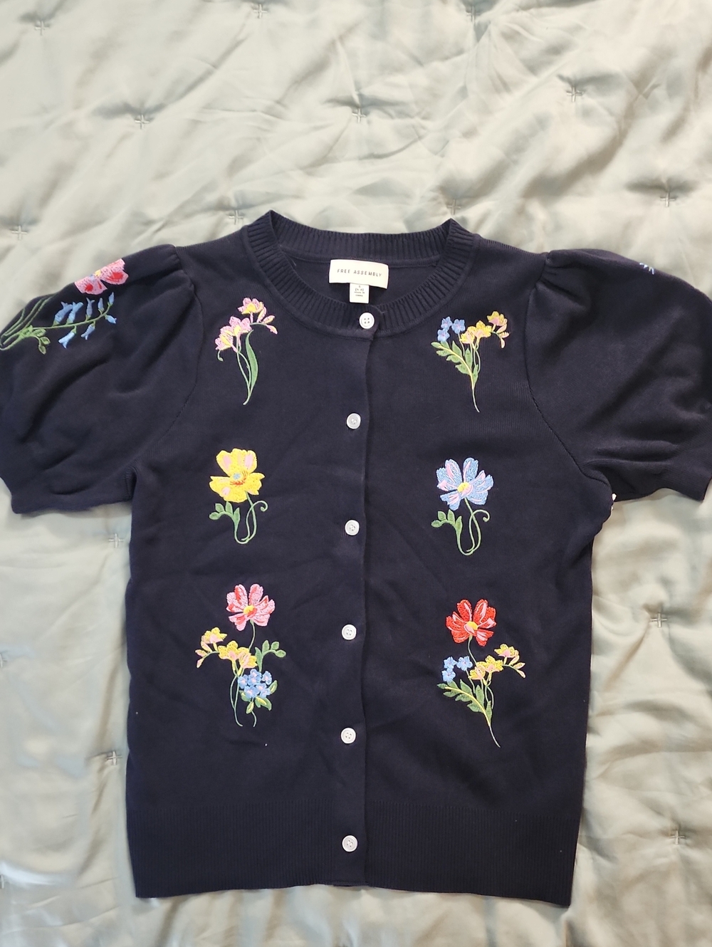 Crewcuts Navy Short-Sleeve Cardigan with Multicolor Floral Embroidery